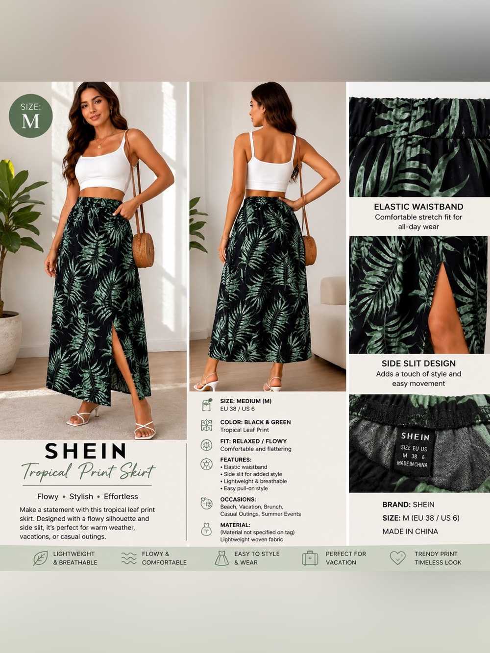 SHEIN Black & Green Tropical Leaf Print Maxi Skirt with Side Slit